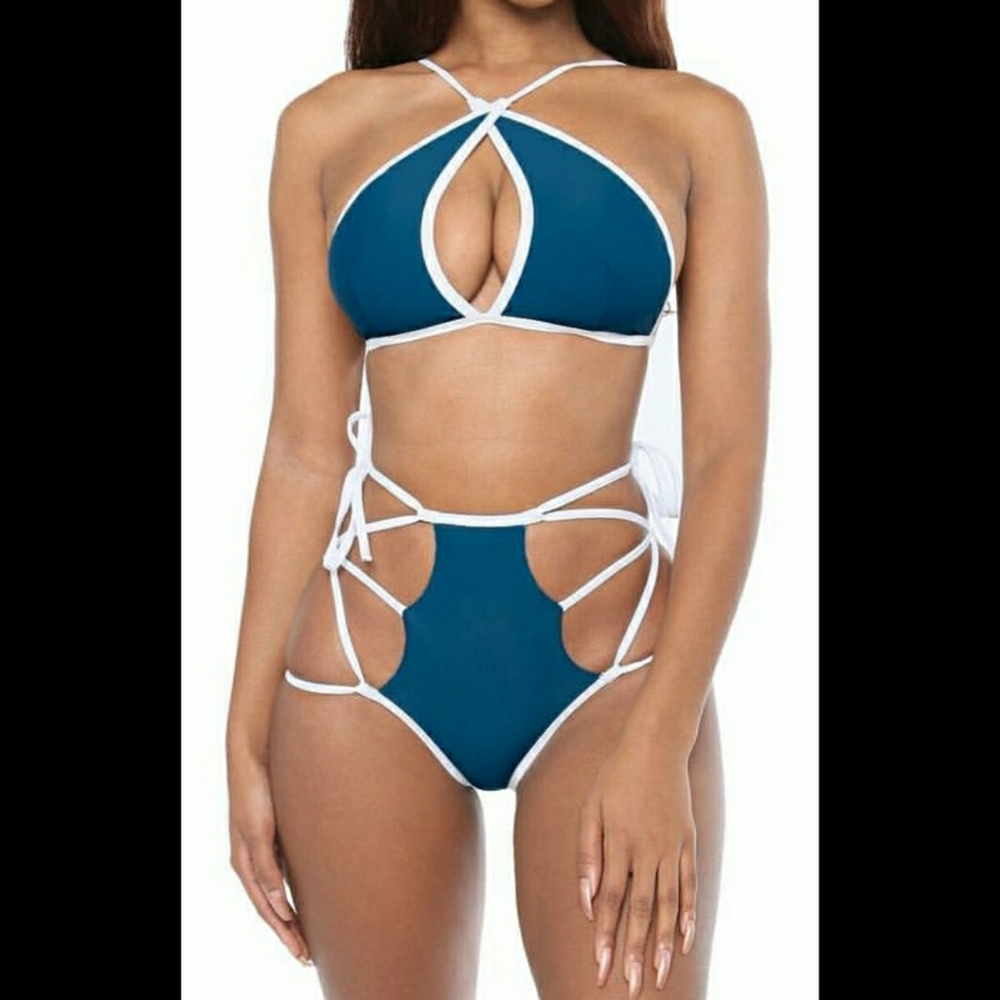 Icon Swim Blue High Waist Tie Up Two Piece Bikini